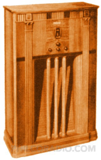 Model 44X - Note: 1935 Model 29X shown. Model 44X cabinet is identical except for the escutcheon and knob layout.